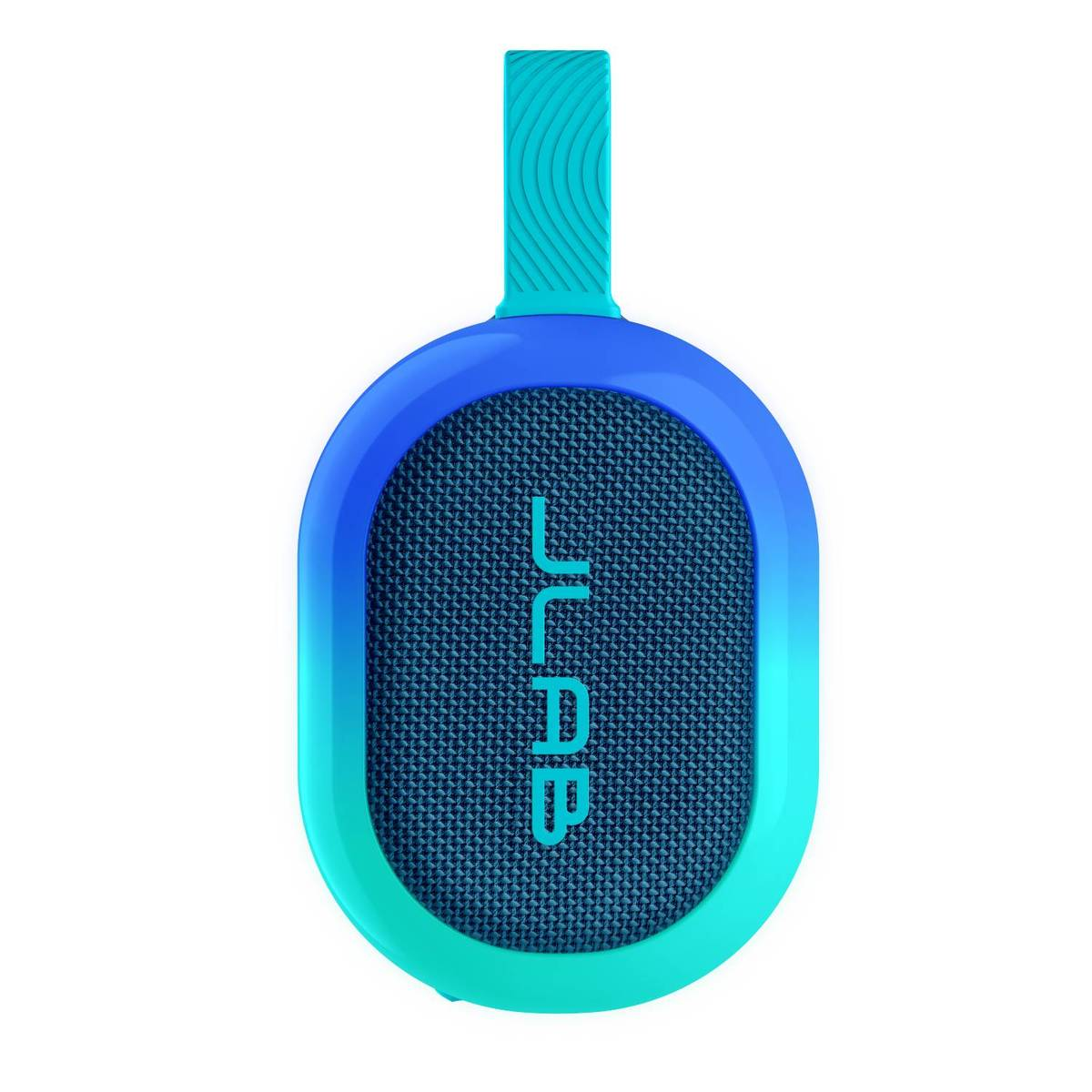 Ein blauer und türkiser ovaler Bluetooth-Lautsprecher mit JLab-Logo.