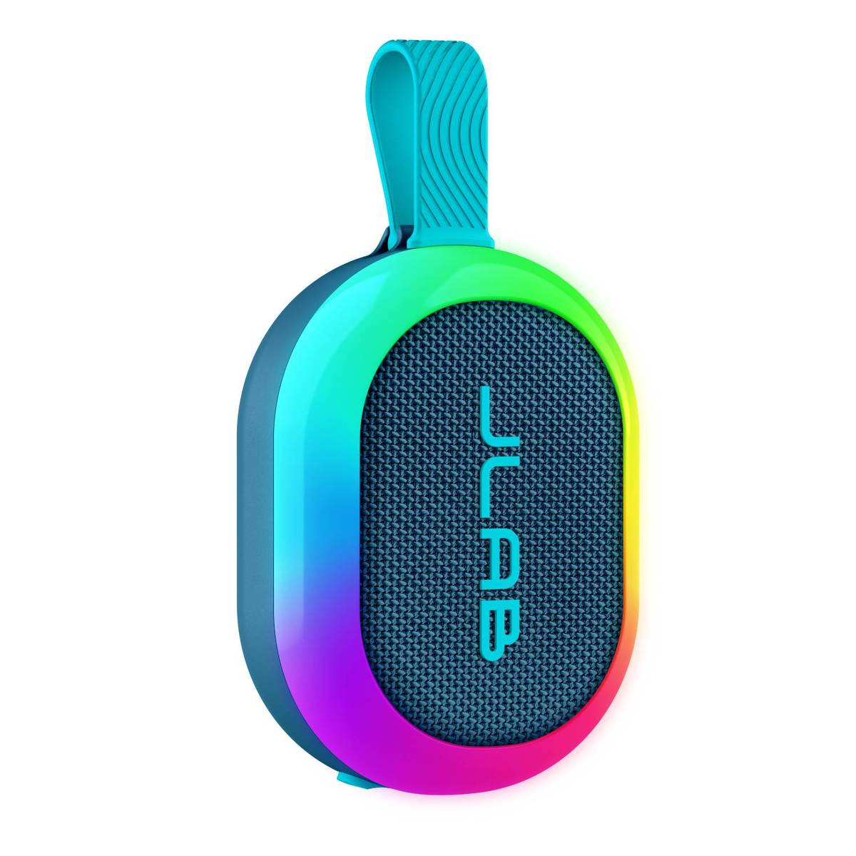 Ein blauer Bluetooth-Lautsprecher mit RGB-Beleuchtung und Trageschlaufe.
