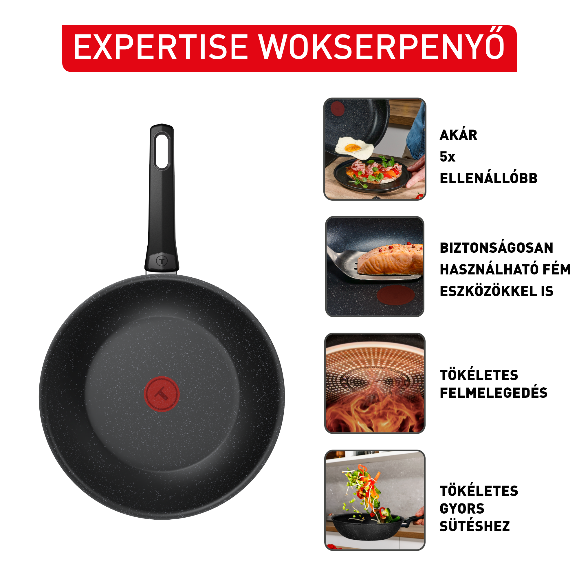 Fekete wok serpenyő különféle főzési képekkel. Szakértelem.