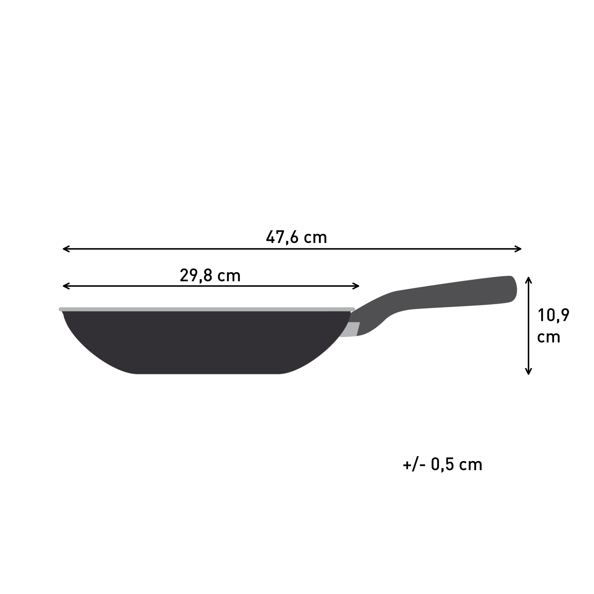 Fekete serpenyő méretekkel: 47,6 cm hossz, 29,8 cm széles, 10,9 cm magas.