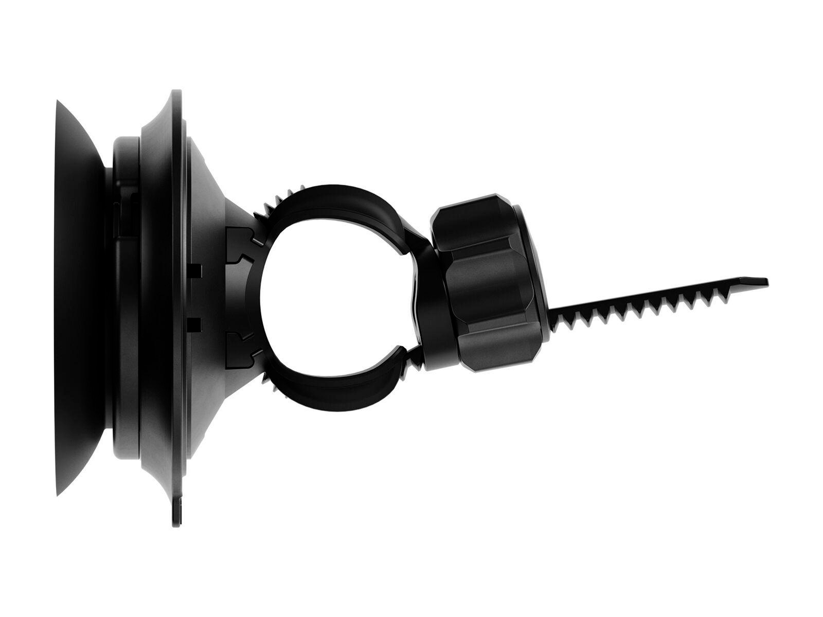 Schwarze Halterung mit Saugnapf, Klemmring und Zahnleiste.