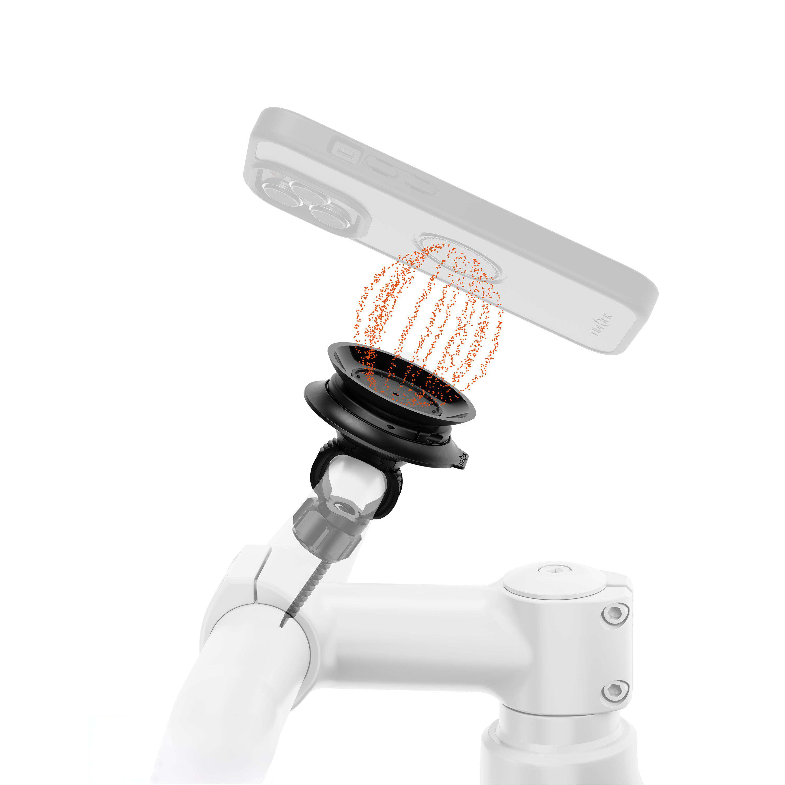 Ein schwarzer Handyhalter mit einem durchsichtigen Handy, orangefarbene Punkte schweben dazwischen.