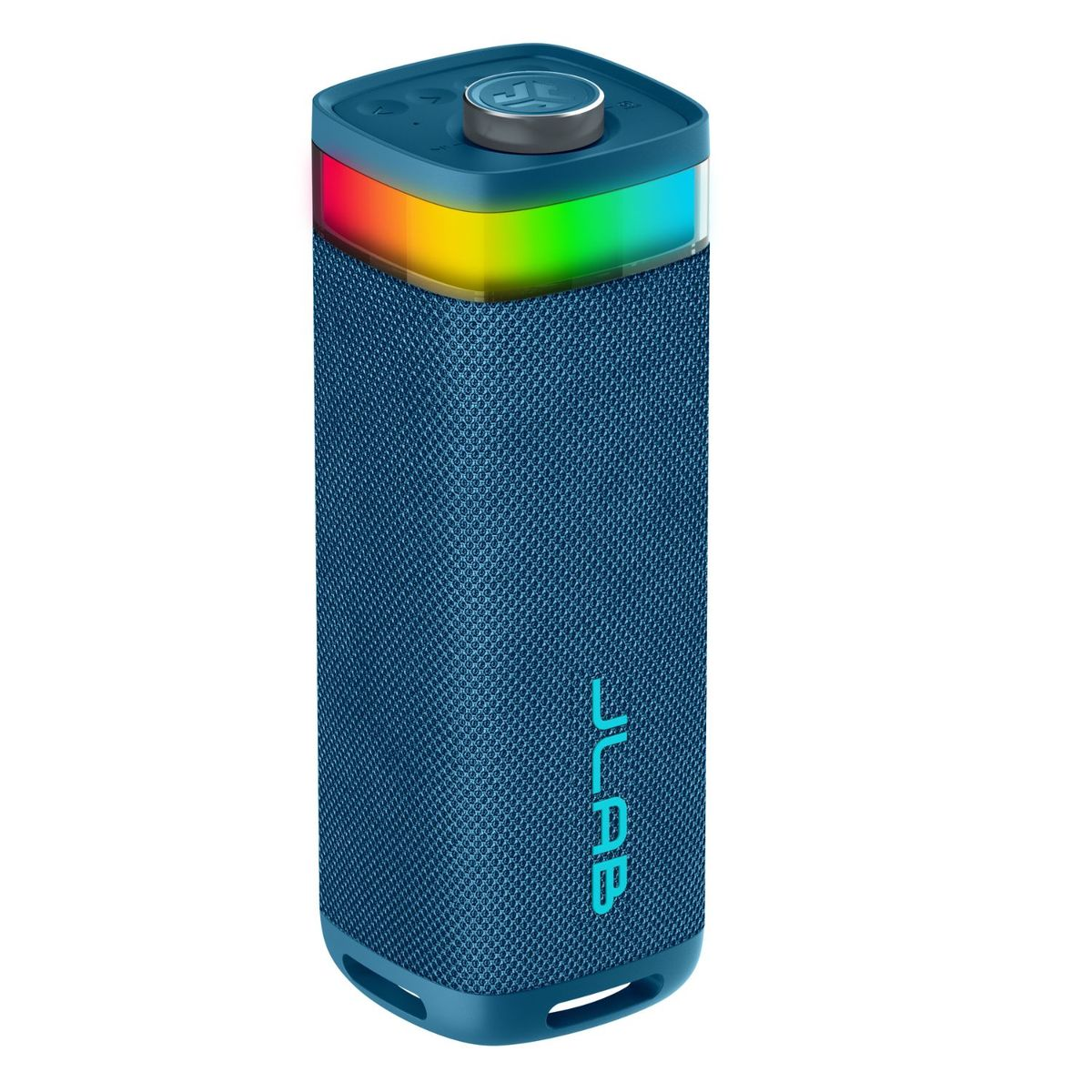 Ein blauer Lautsprecher mit Regenbogenlicht oben und dem JLab-Logo.
