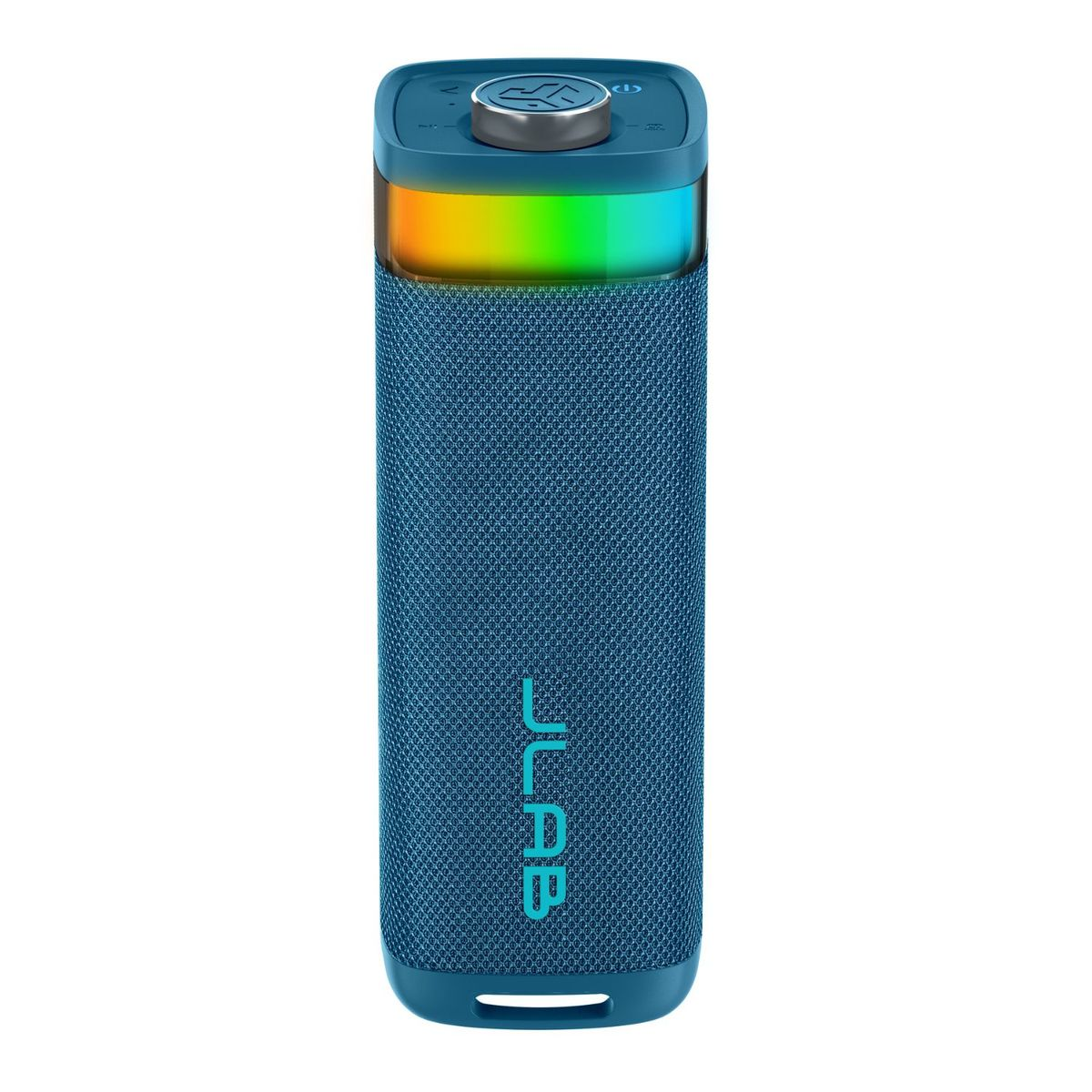 Ein blauer Lautsprecher mit Farb-LEDs oben und dem JLab-Logo.