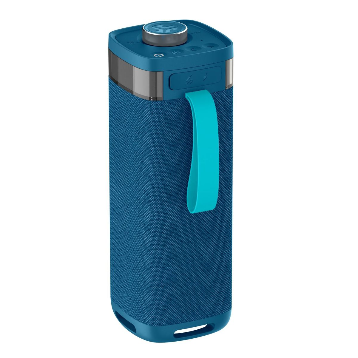 Blauer Lautsprecher mit Tragegriff und Bedienelementen oben.
