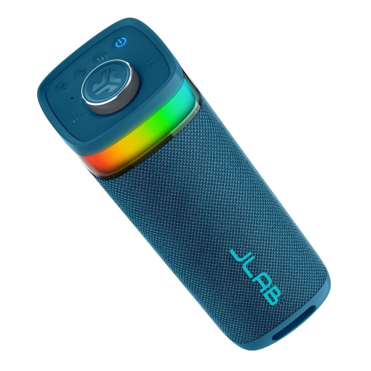 Blauer JLab Lautsprecher mit RGB-Licht und Bedienelementen auf der Oberseite.