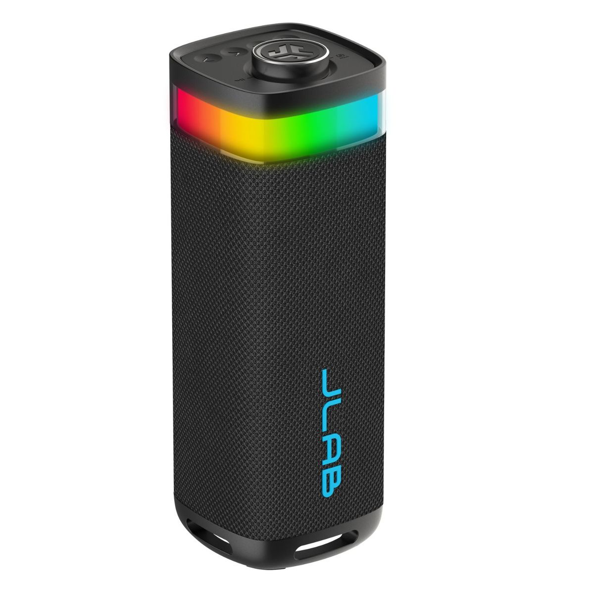 Schwarzer Lautsprecher mit JLab-Logo und Regenbogen-LED-Beleuchtung am oberen Rand.