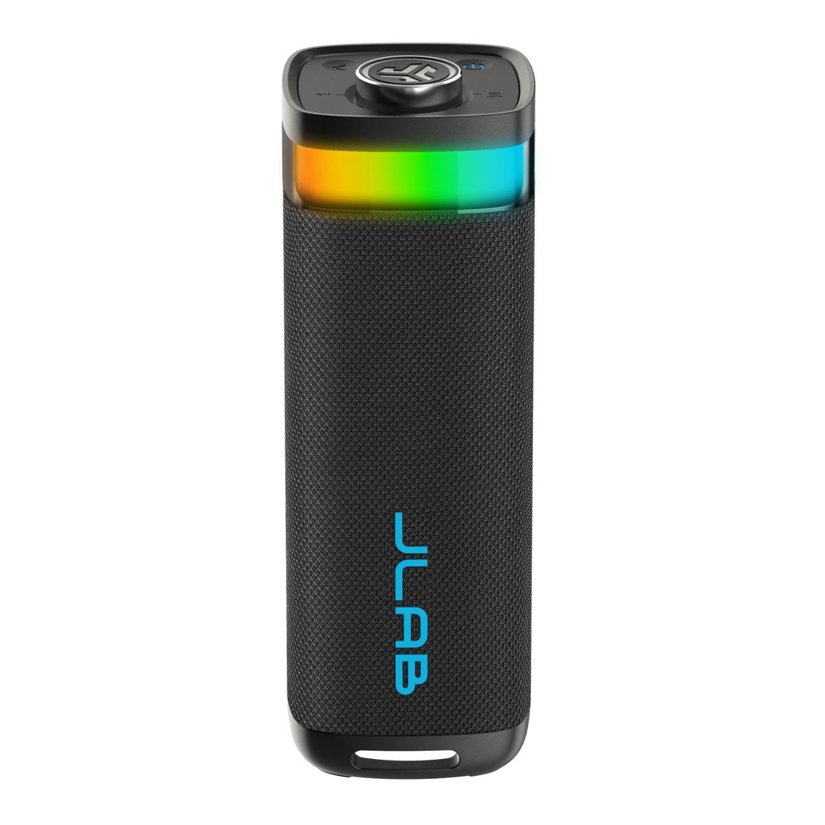 Schwarzer Lautsprecher mit JLAB-Logo und beleuchtetem Ring.