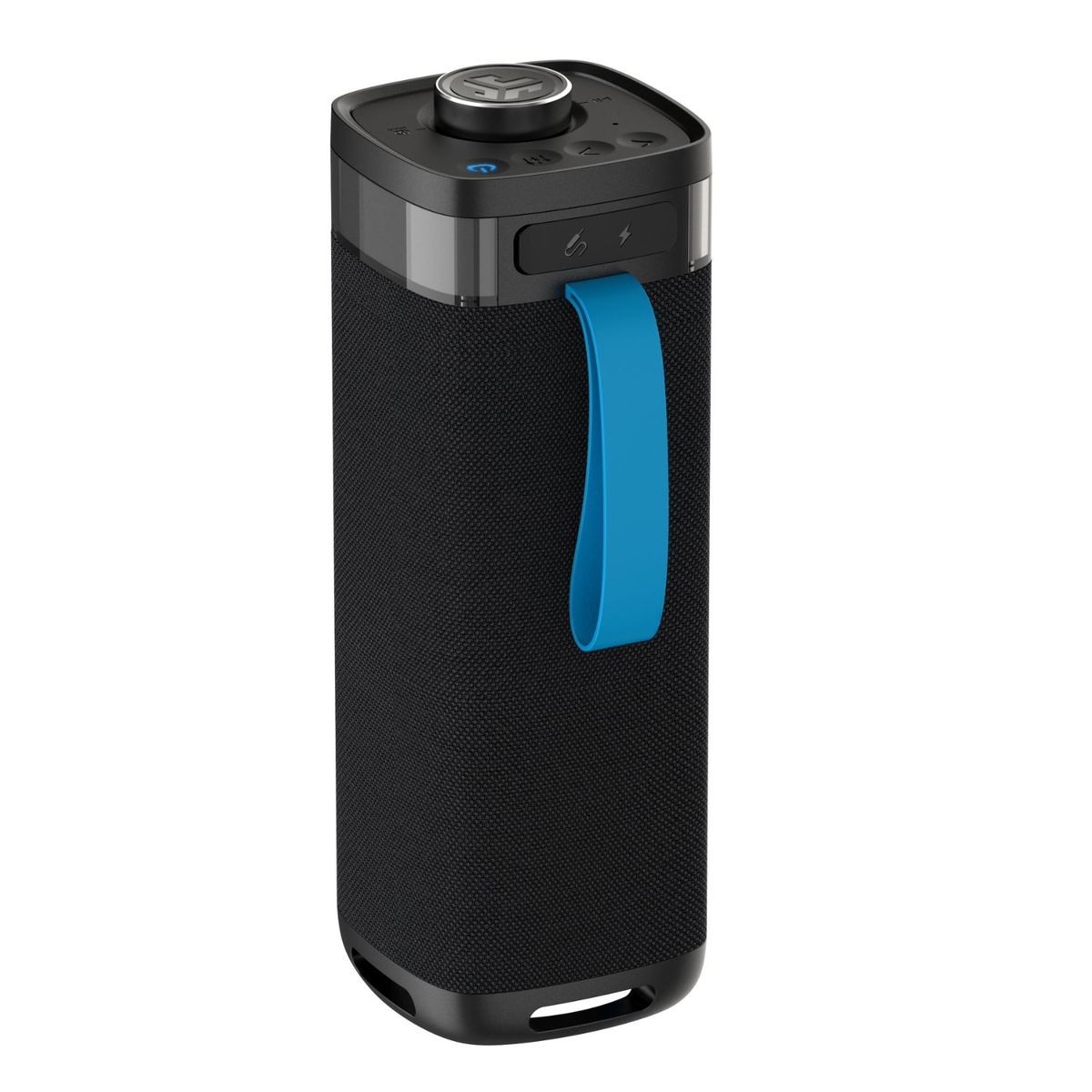 Ein schwarzer Bluetooth-Lautsprecher mit blauem Tragegriff und Bedienelementen oben.