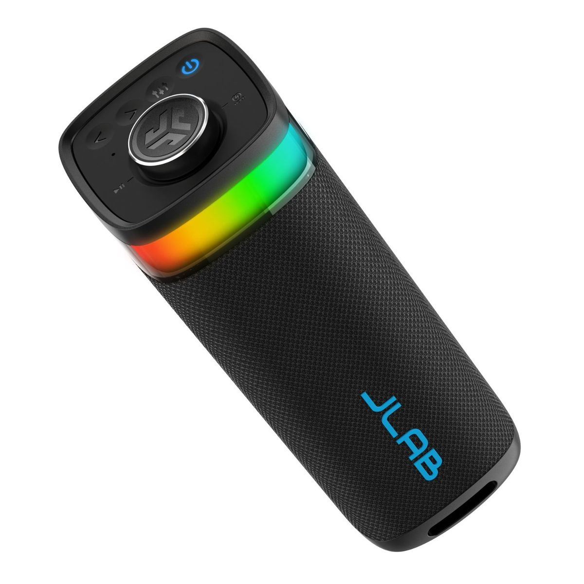 Schwarzer JLab-Lautsprecher mit Regenbogen-Lichtring und blauem Logo.