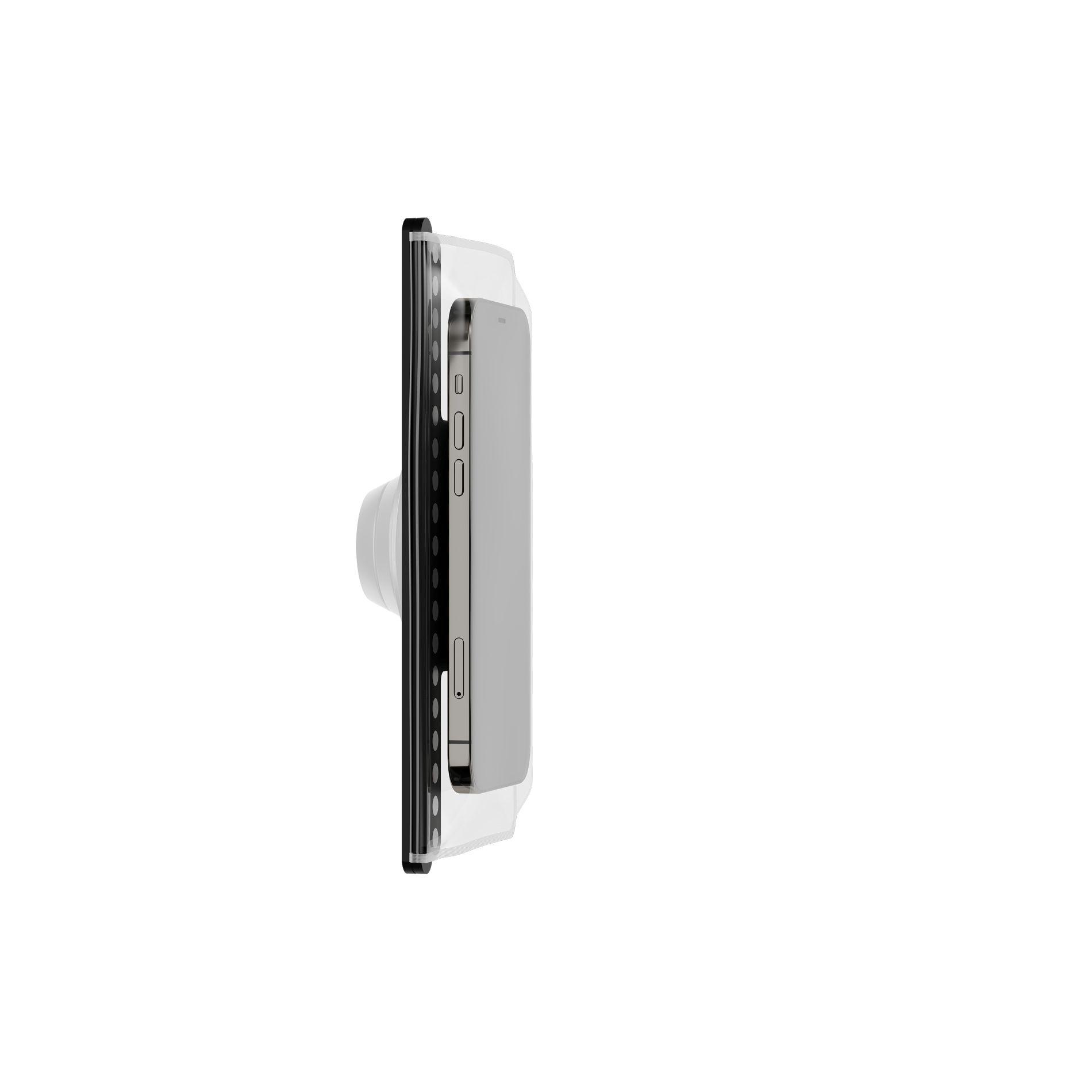 Ein silbernes Smartphone in einer durchsichtigen Hülle mit schwarzem Rahmen.