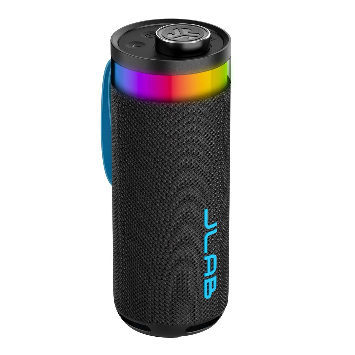 Schwarzer Zylinderlautsprecher mit blauem Logo und Regenbogen-LED-Licht.
