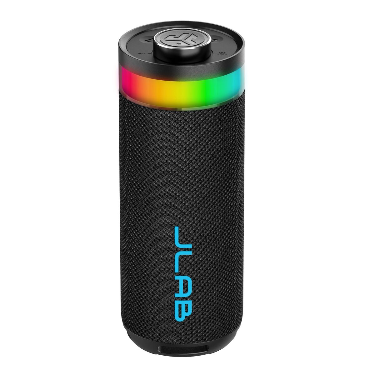 Schwarzer Lautsprecher mit RGB-Lichtring und JLab-Logo.