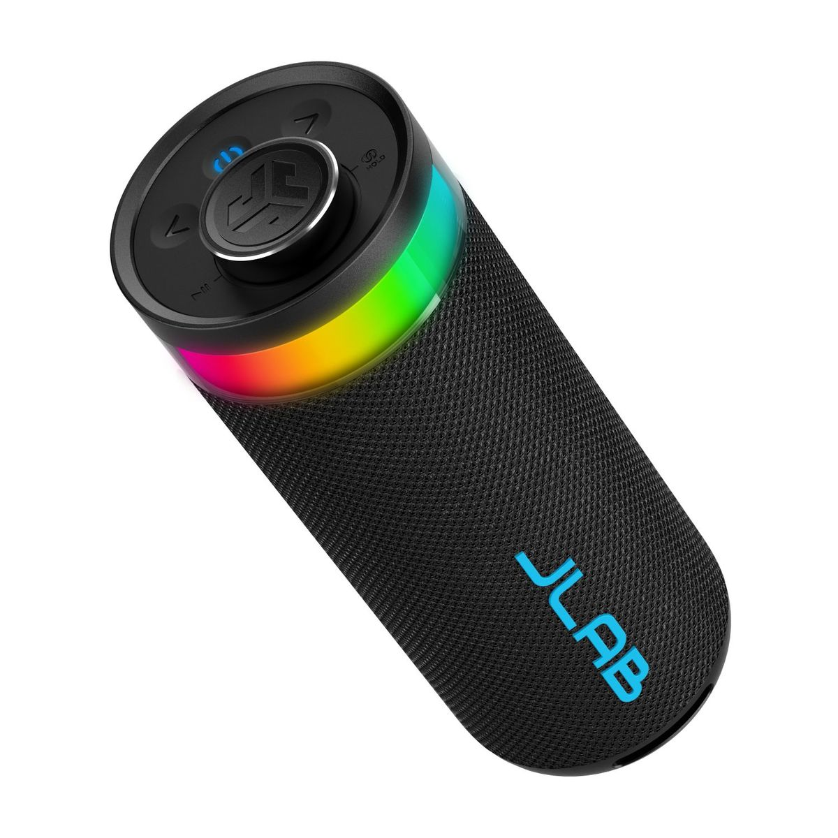 Schwarzer Bluetooth-Lautsprecher mit farbiger LED-Beleuchtung und JLab-Logo.