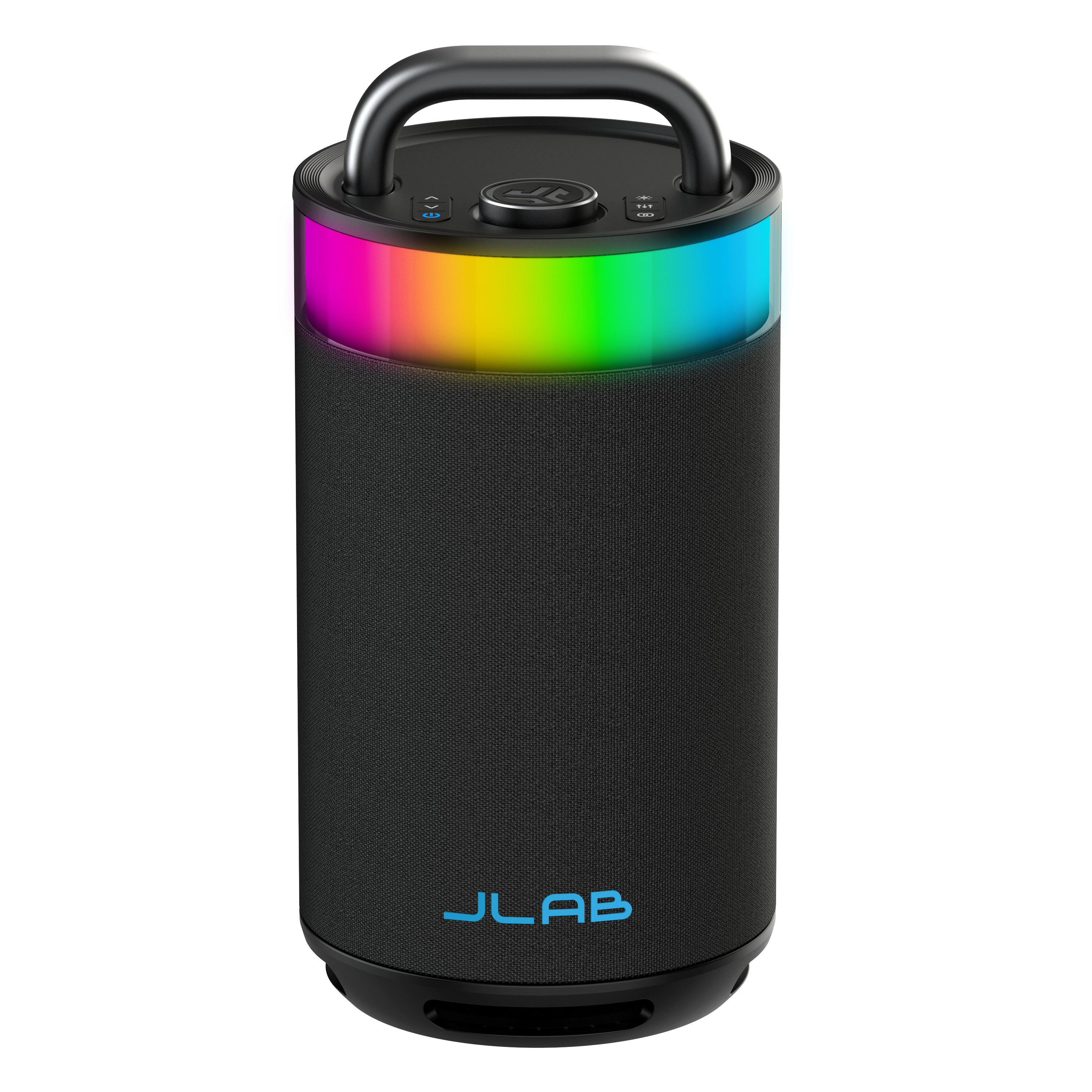 Schwarzer tragbarer Lautsprecher mit JLab-Logo und Regenbogen-LED-Beleuchtung.