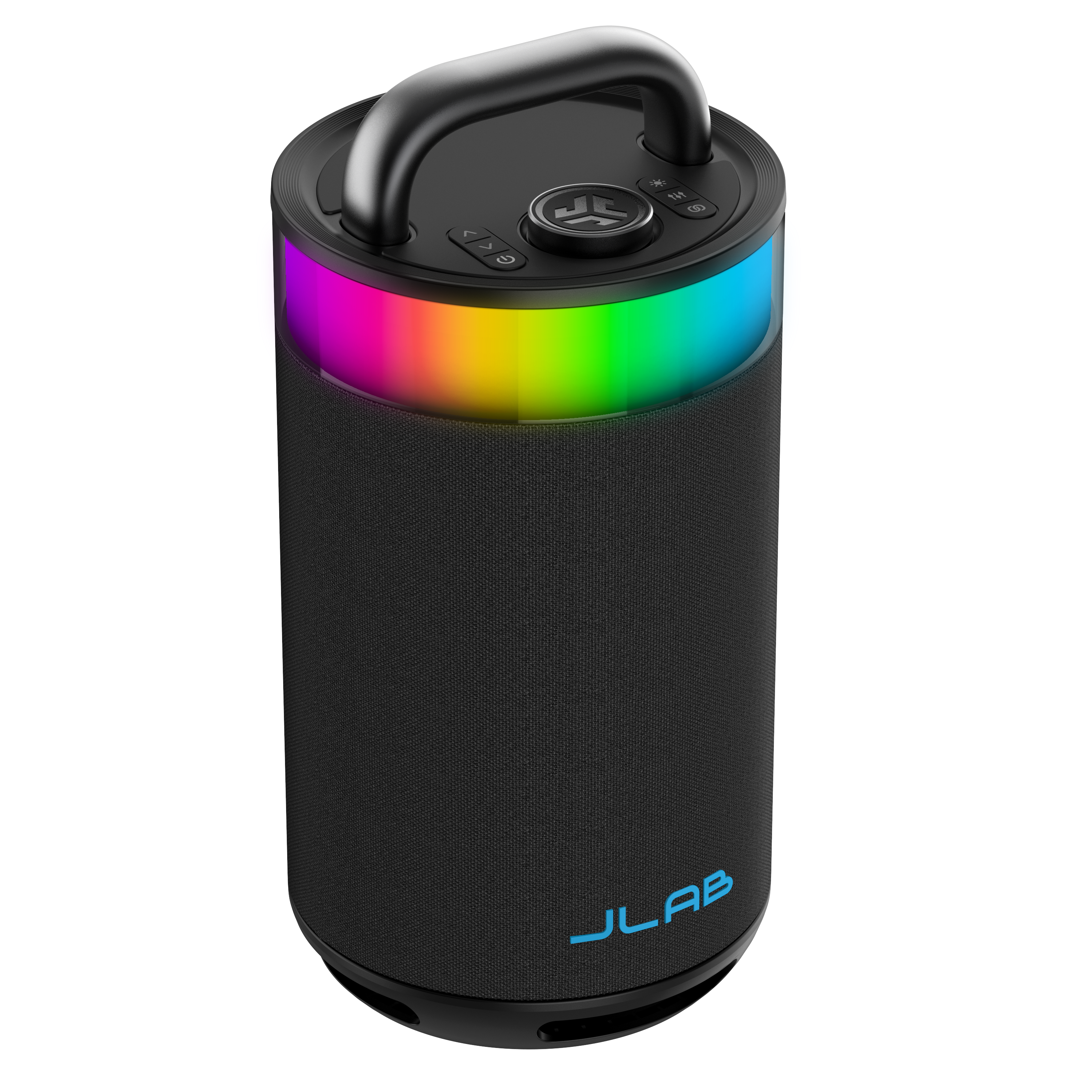 Schwarzer Bluetooth-Lautsprecher mit Tragegriff und Regenbogen-LED-Lichtring.