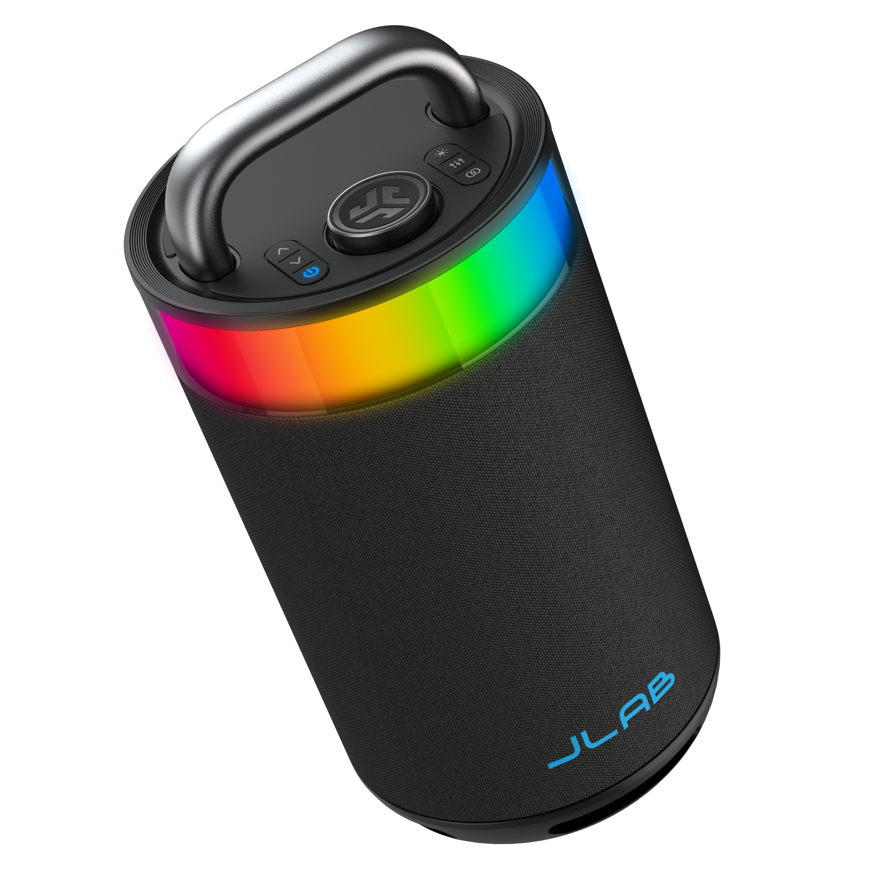 Schwarzer Lautsprecher mit Regenbogen-LED-Beleuchtung und silbernem Griff.