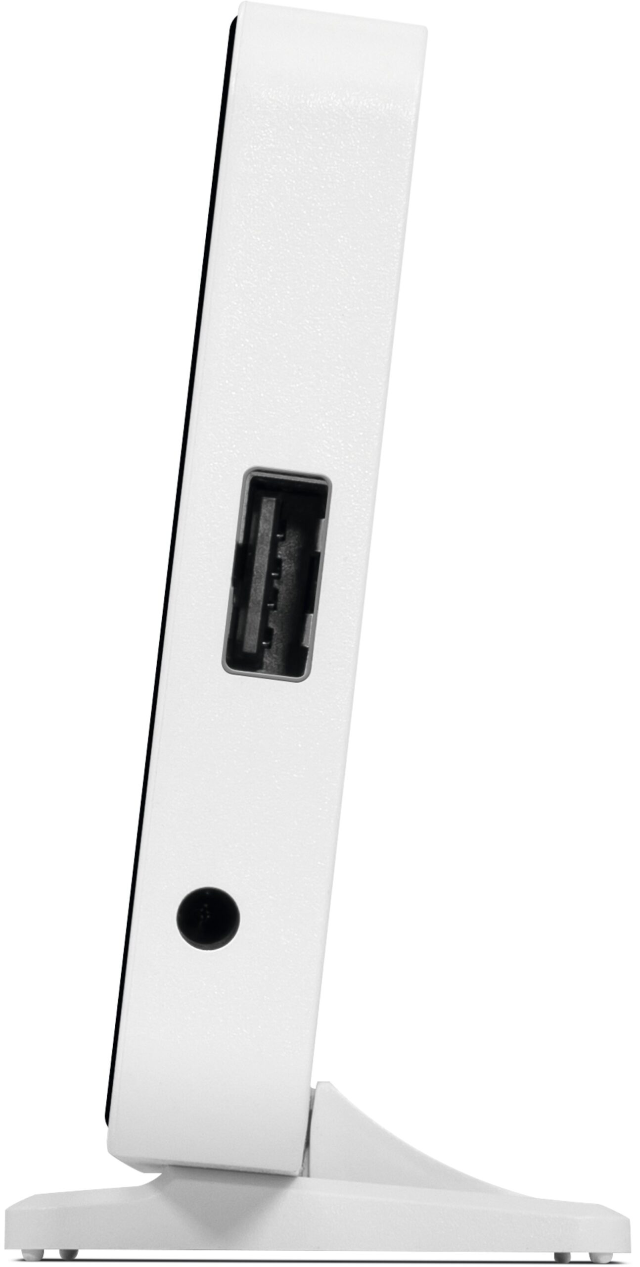 Biała prostokątna jednostka z portem USB i czarnym przyciskiem, na białej podstawie.