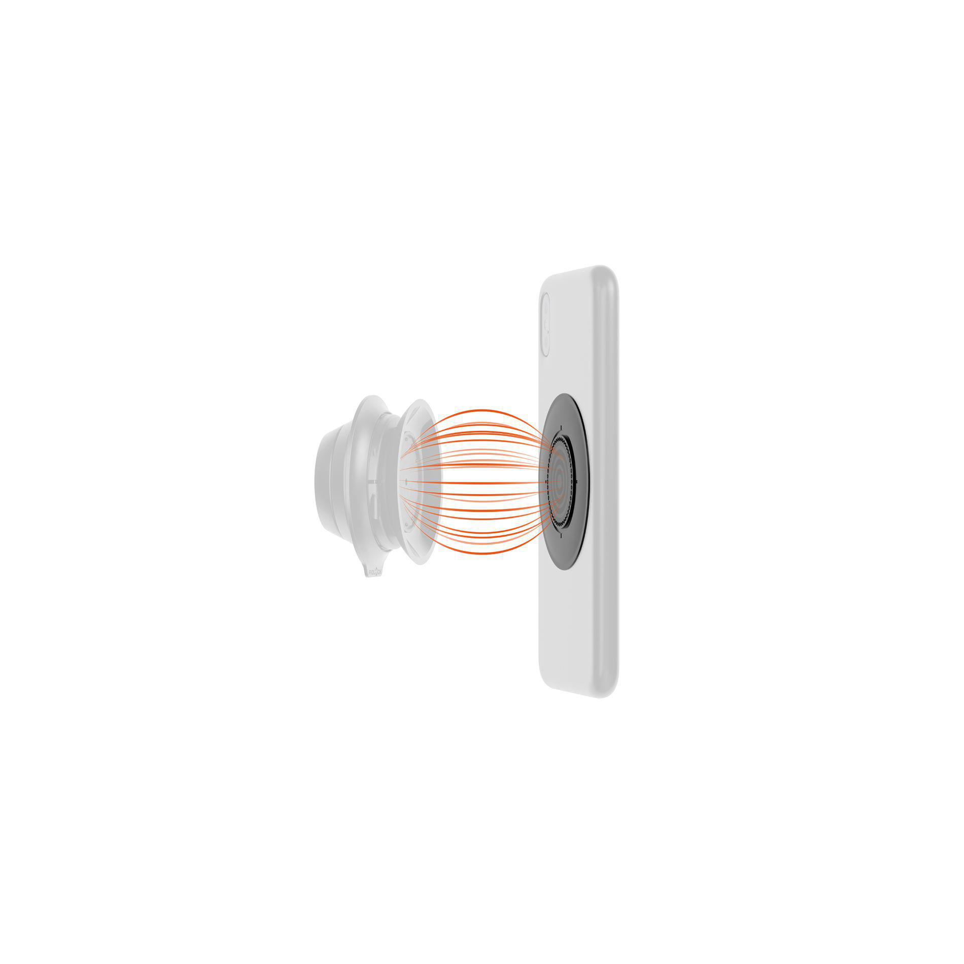Ein weißes Smartphone mit einem magnetischen Ring und einem transparenten Stecker.