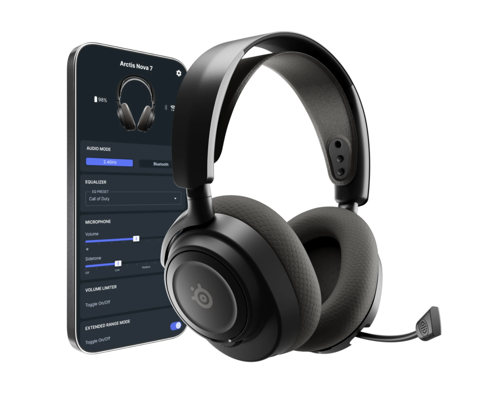 Auriculares negros con micrófono junto a un smartphone que muestra la app Arctis Nova 7.