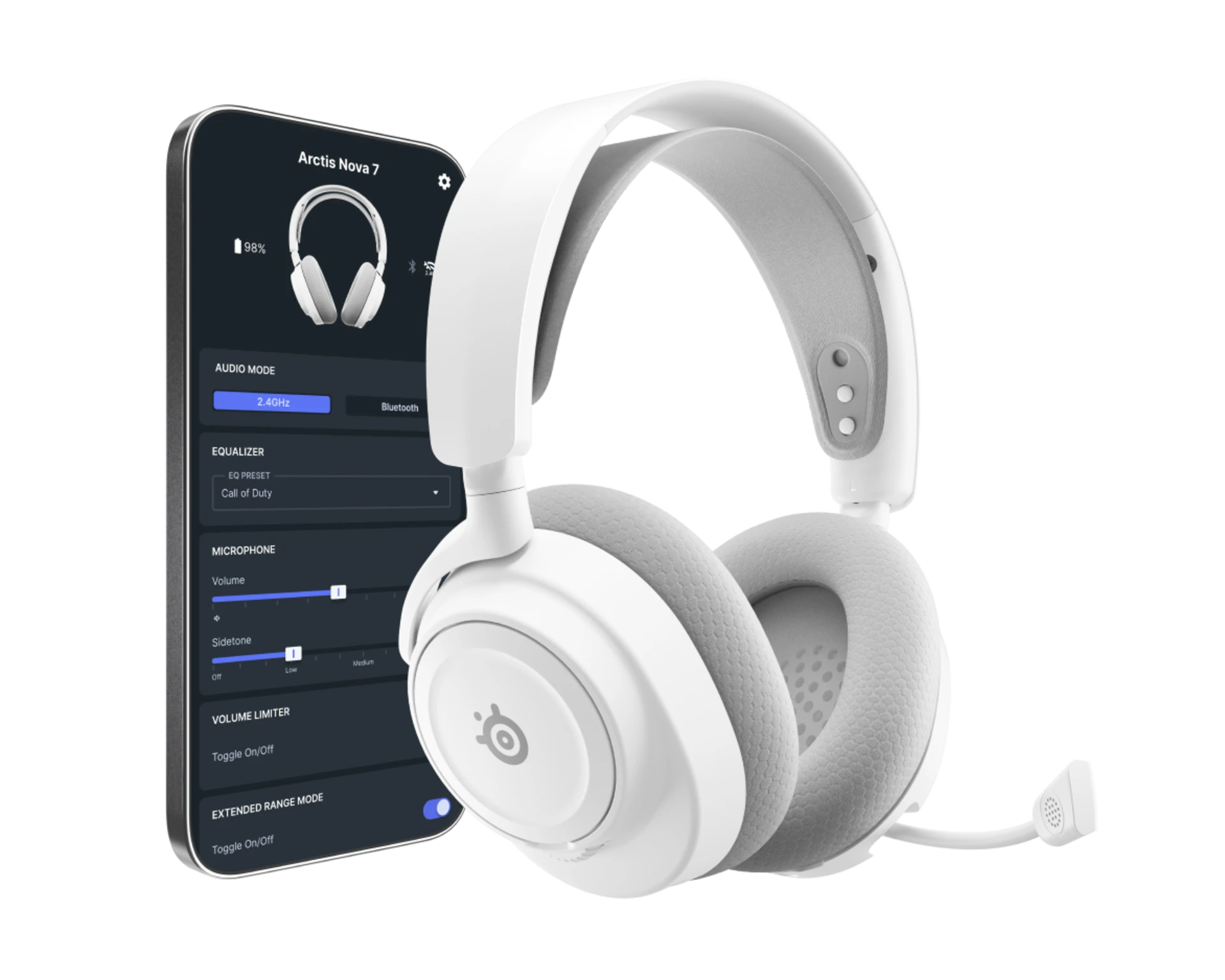 Auriculares SteelSeries Arctis Nova 7 blancos junto a un smartphone con ajustes de audio.