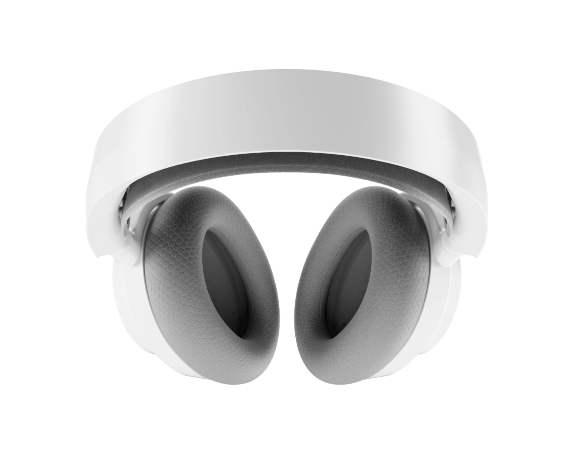 Auriculares blancos con almohadillas grises sobre fondo negro.