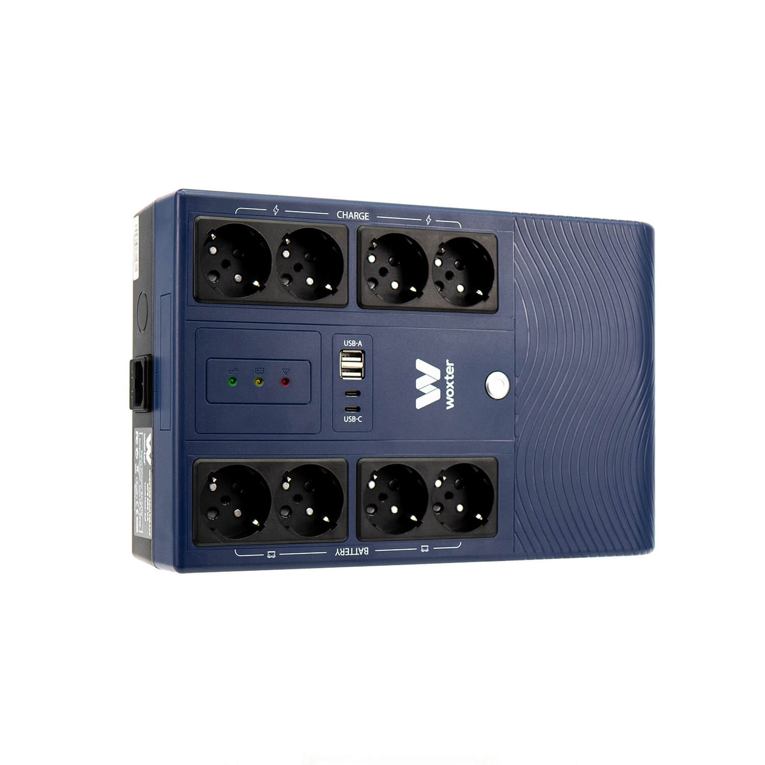 Regleta azul con 4 enchufes europeos, 2 puertos USB-A, 1 USB-C y luces indicadoras.