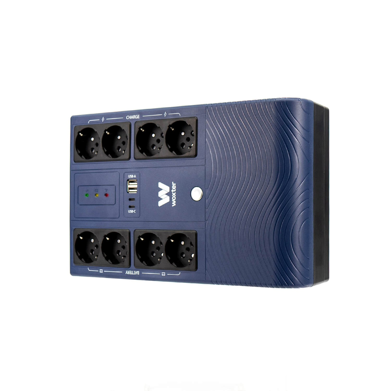 Un dispositivo Woxter azul oscuro con ocho enchufes y dos puertos USB.