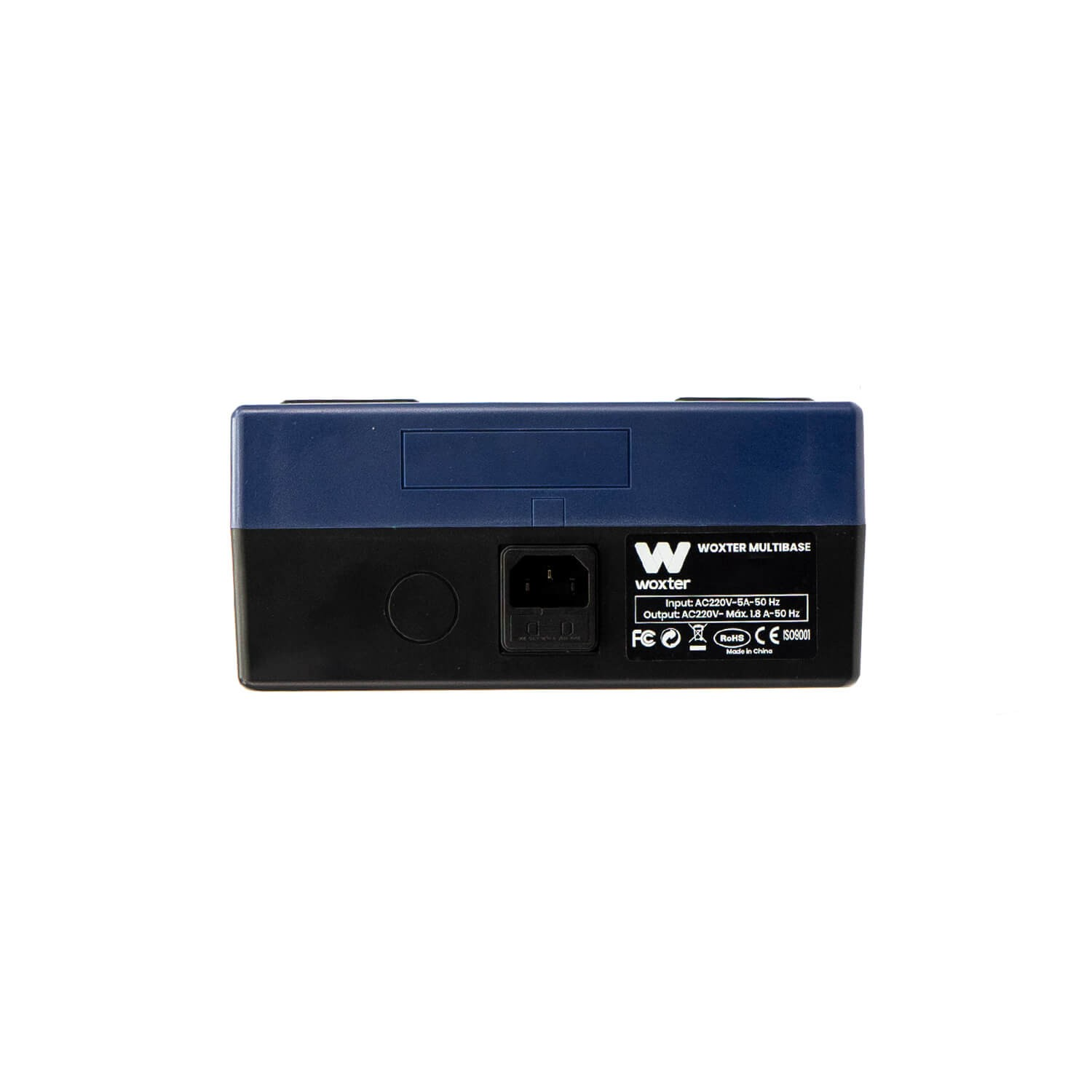 Un dispositivo WOXTER MULTIBASE azul y negro con especificaciones técnicas al frente.