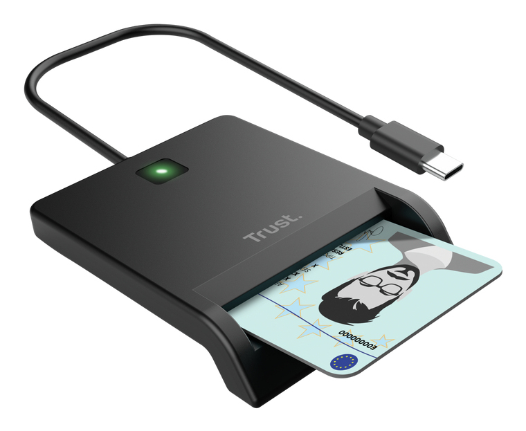 Lector de tarjetas negro con conector USB-C y gráfico de tarjeta de identidad insertada.