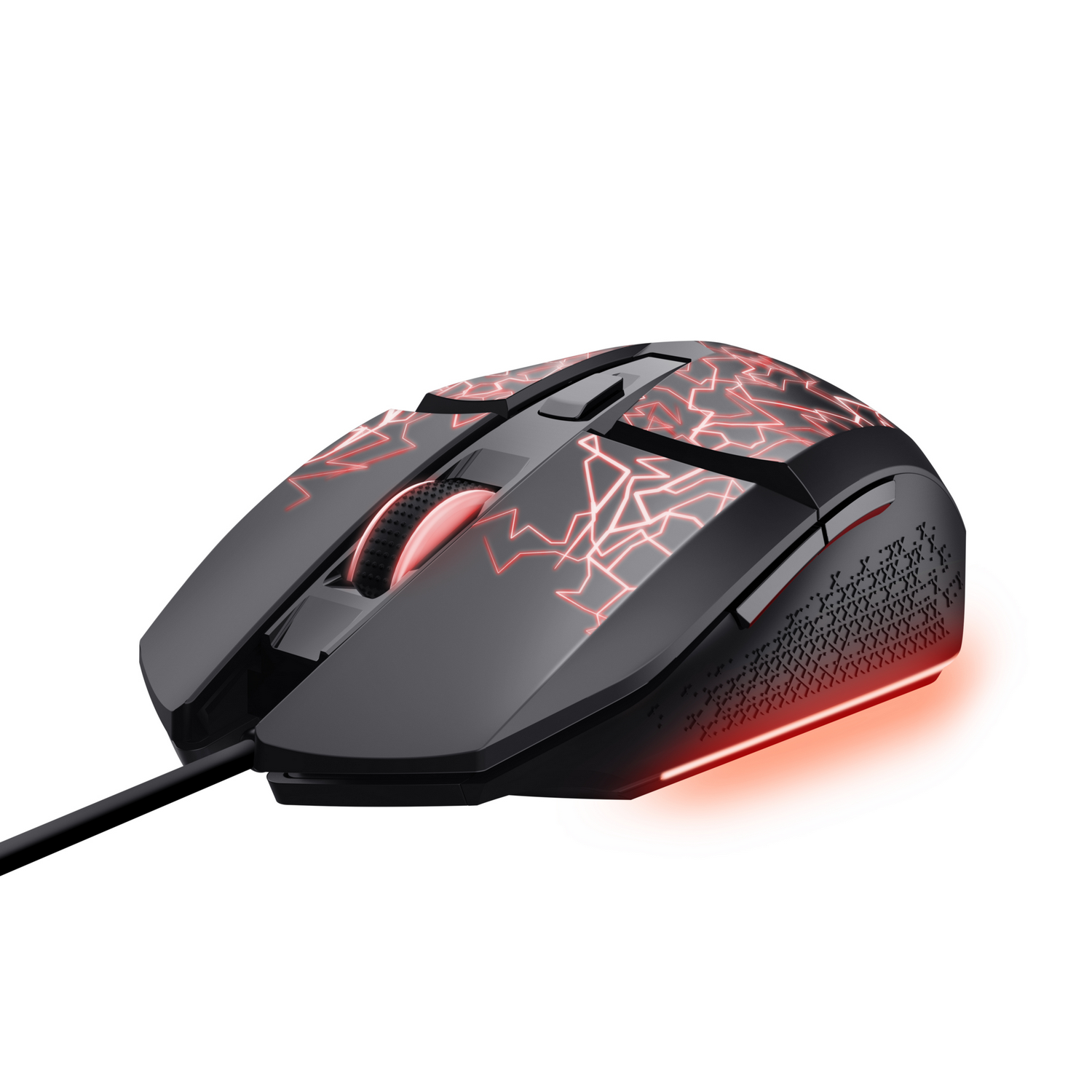 Ratón gamer negro con patrones de rayos rojos e iluminación.
