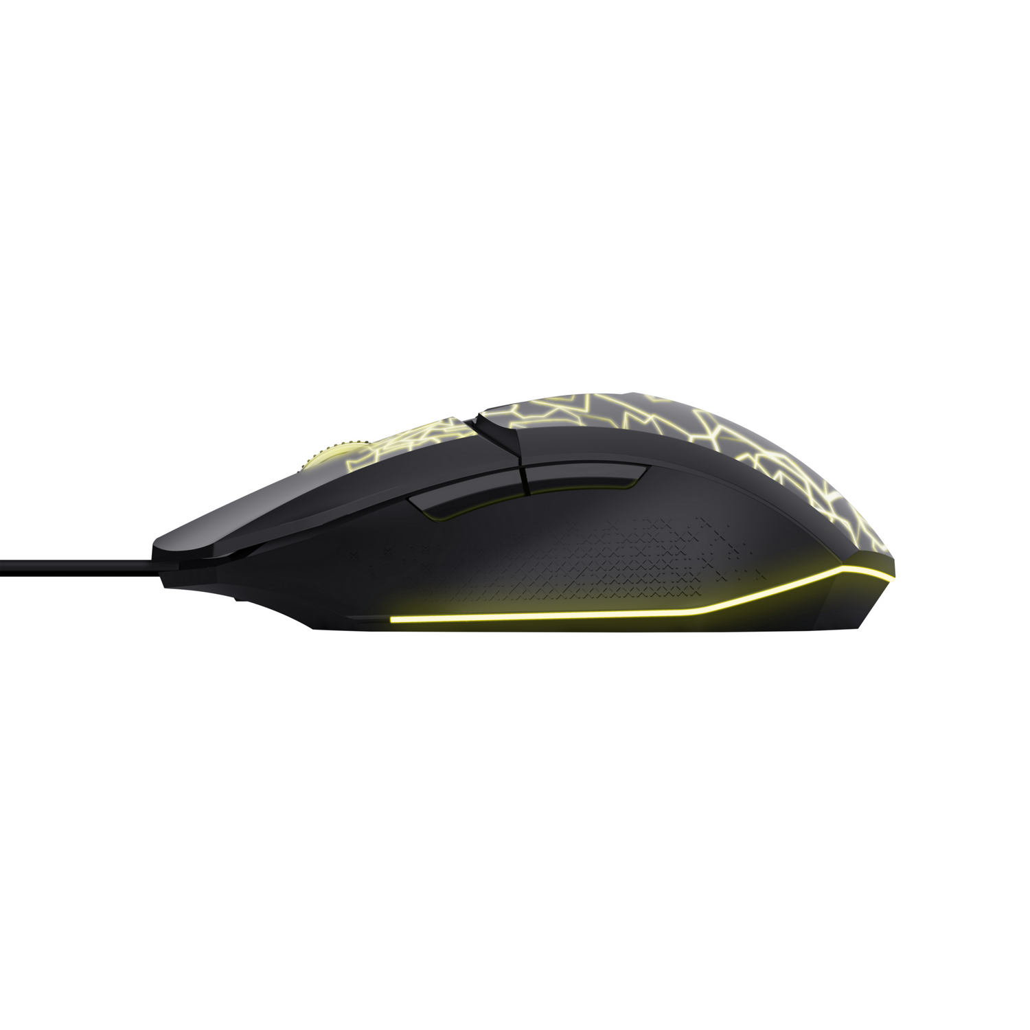 Ratón gaming negro con acentos de luz amarillos y patrón.