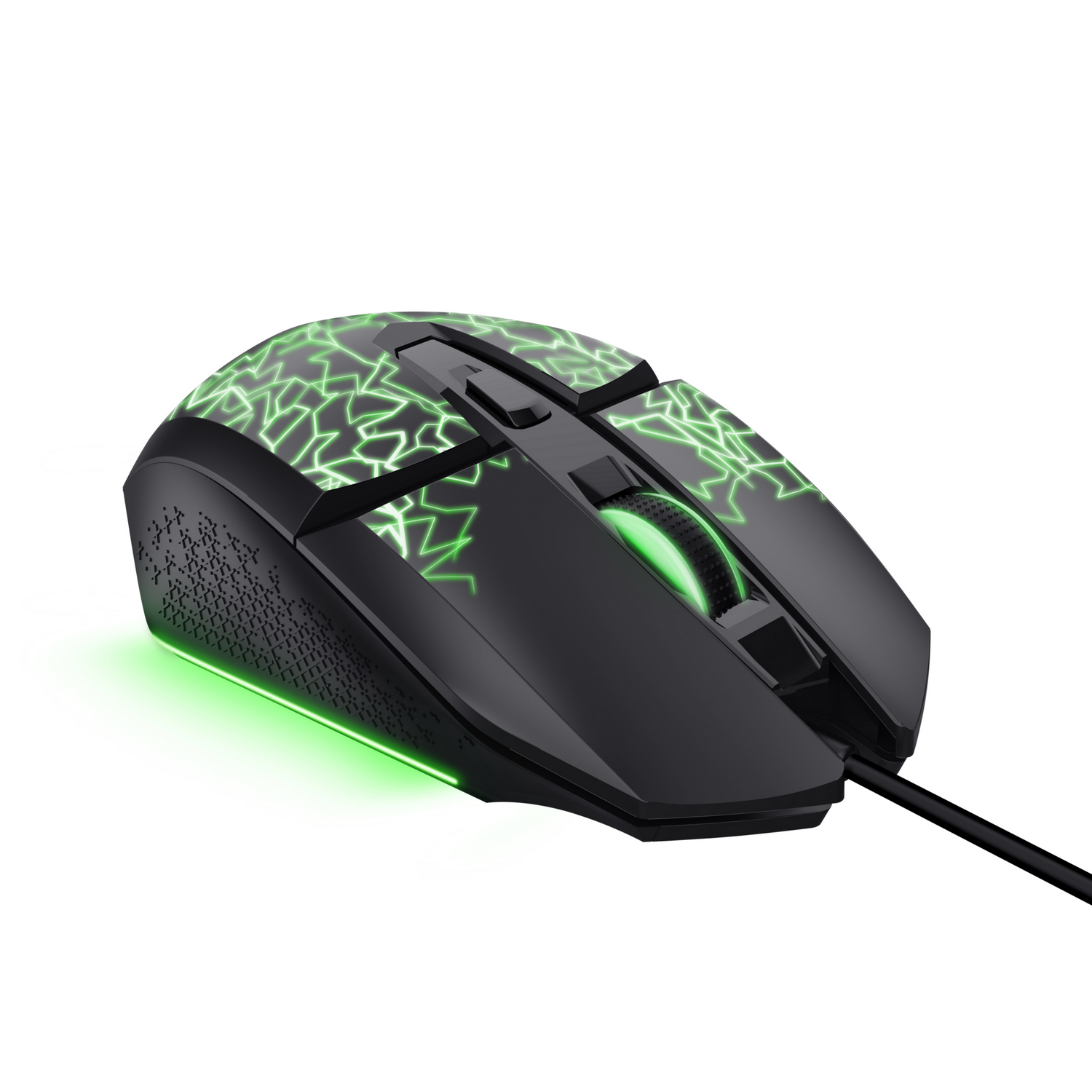 Ratón gaming negro con patrones de relámpagos verdes e iluminación.