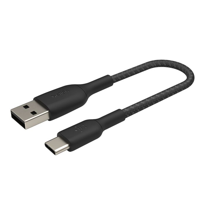 Cable USB-A a USB-C negro con funda trenzada y logo de Belkin.