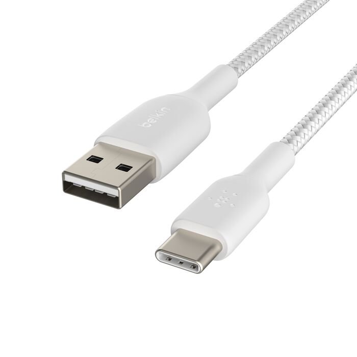 Un cable USB-A a USB-C blanco con tejido trenzado