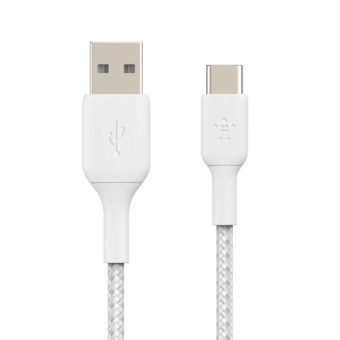 Un cable USB-A a USB-C blanco con eje trenzado.