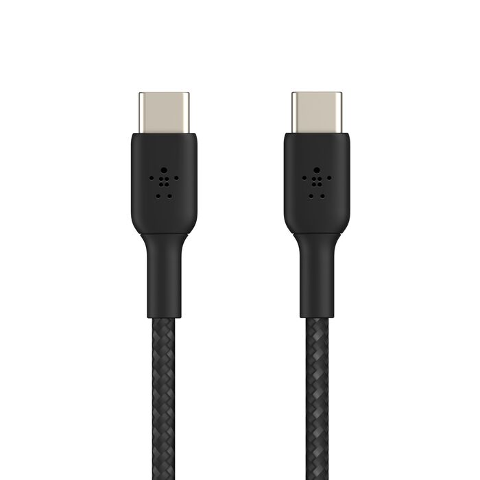 Dos cables USB-C negros con conectores plateados sobre fondo blanco.