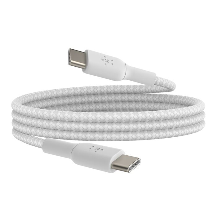 Un cable USB-C blanco trenzado enrollado con ambos extremos visibles.