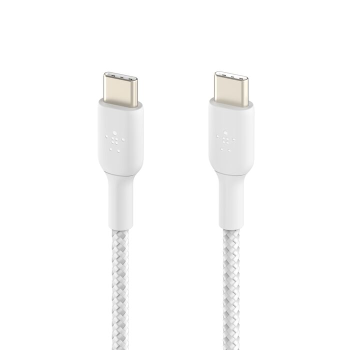 Dos cables USB-C blancos con conectores plateados y cables trenzados.