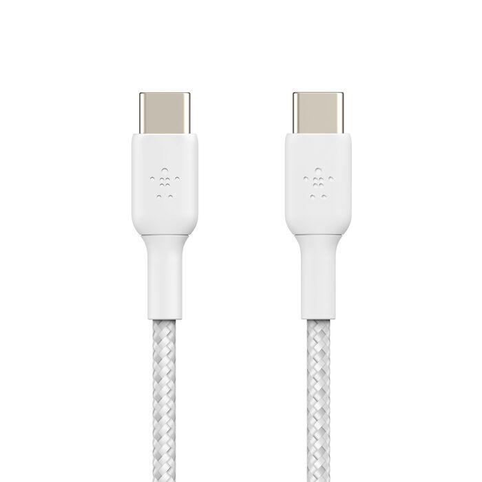 Dos cables USB-C blancos con cordones trenzados y conectores plateados sobre fondo blanco.