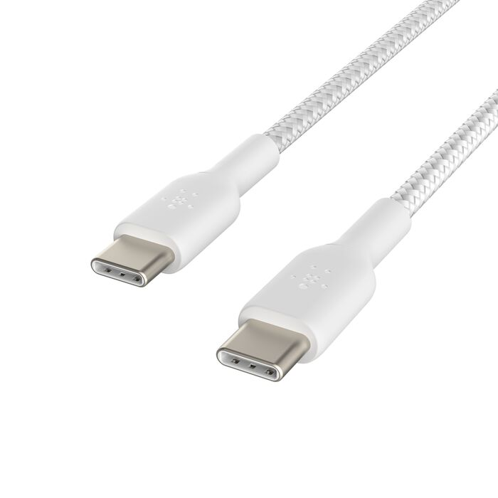 Dos cables USB-C blancos con funda trenzada yacen uno al lado del otro.