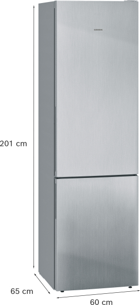 Ein hochglanzpolierter Siemens-Kühlschrank mit zwei Türen, 201 cm hoch.
