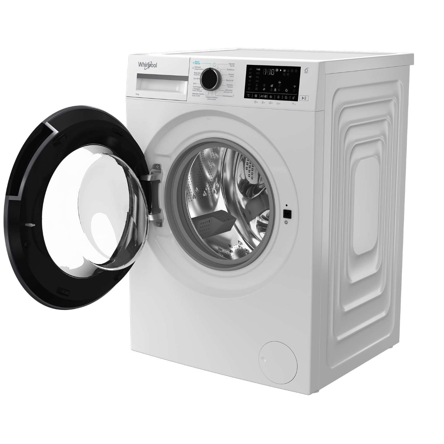 Lavadora blanca Whirlpool con puerta negra abierta, pantalla digital y botones de control.