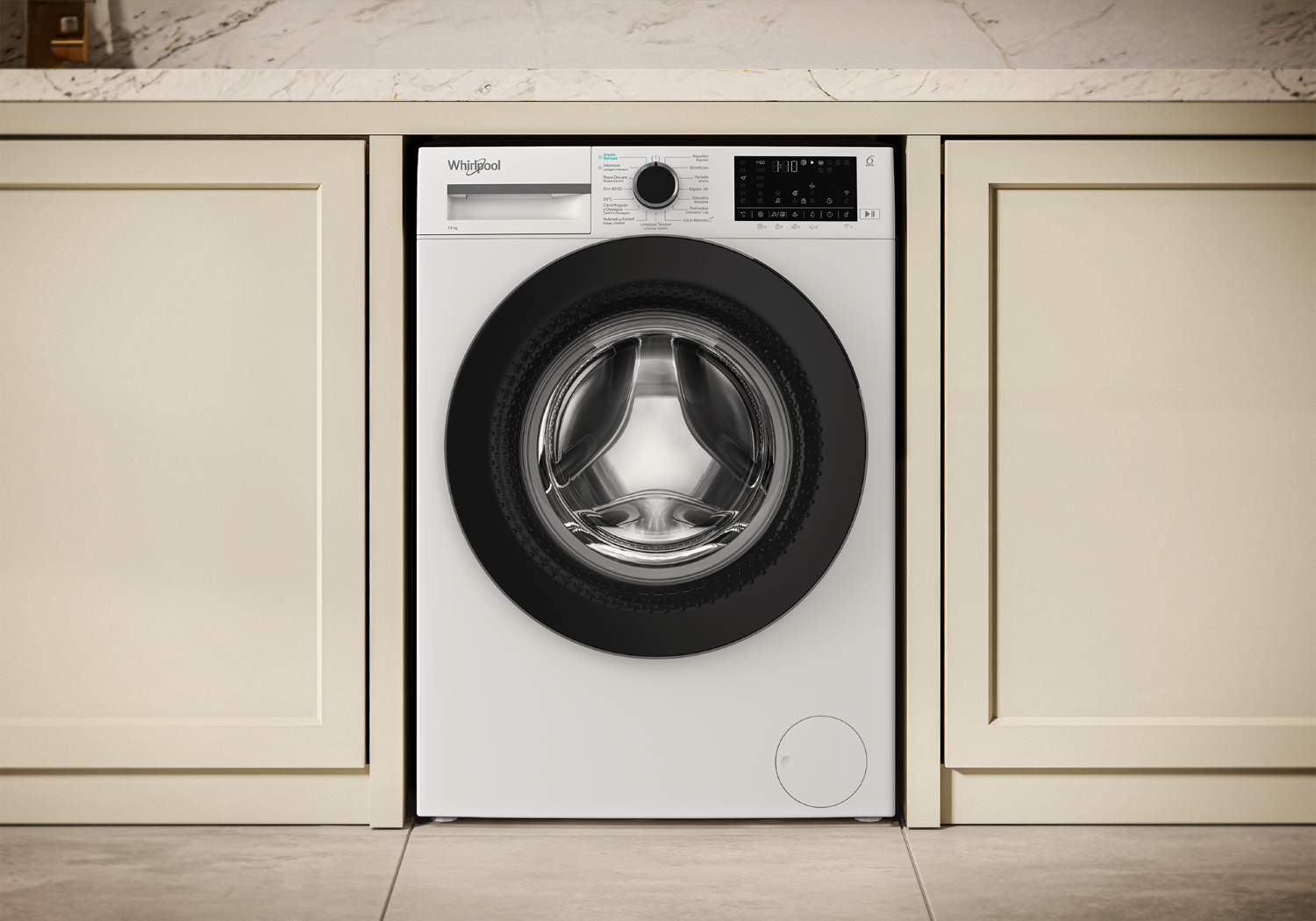 Una lavadora Whirlpool blanca con puerta y panel de control negros.