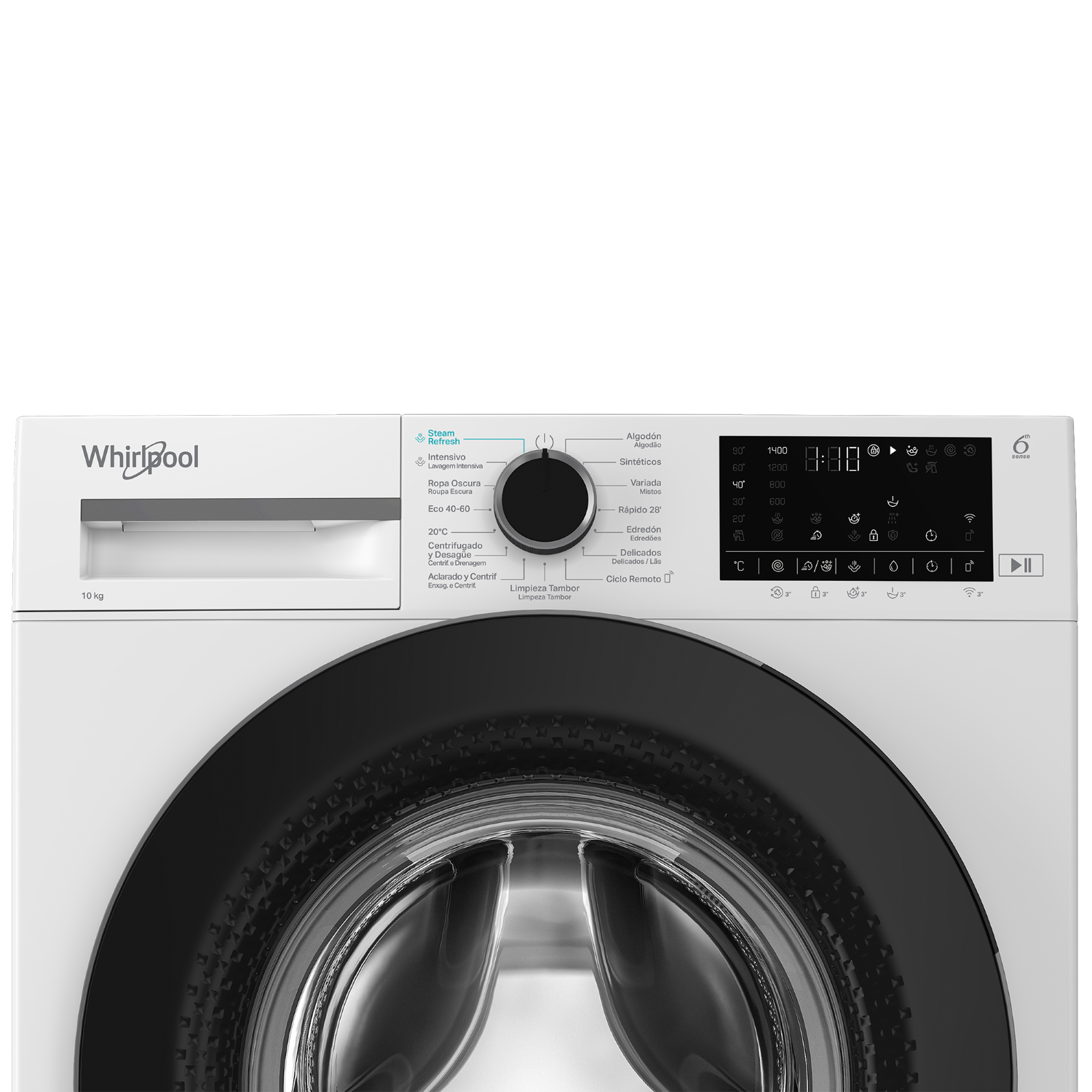 Una lavadora blanca Whirlpool que muestra su pantalla digital y dial de control.