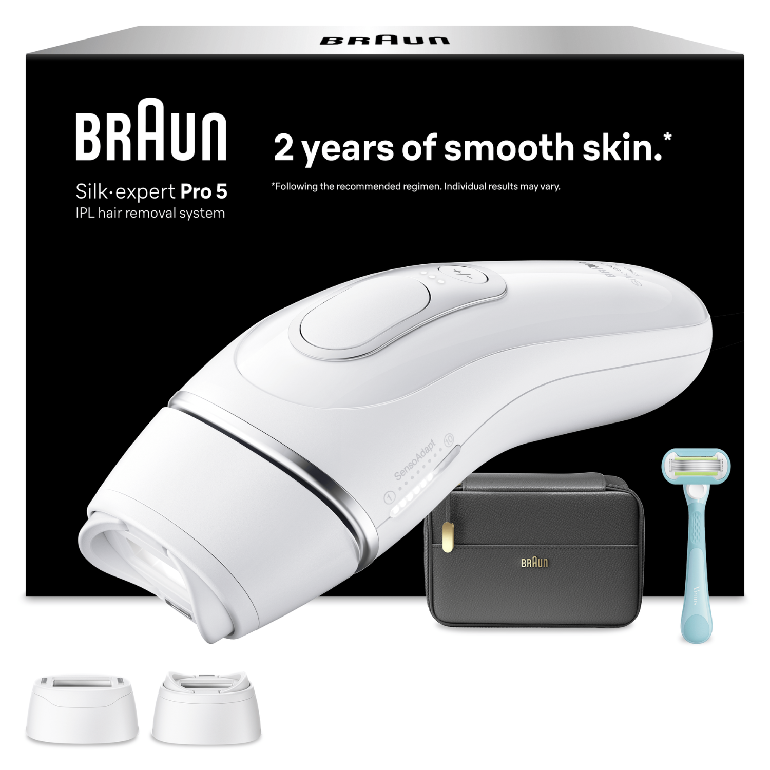Depiladora IPL Braun blanca, maquinilla, accesorios y estuche.