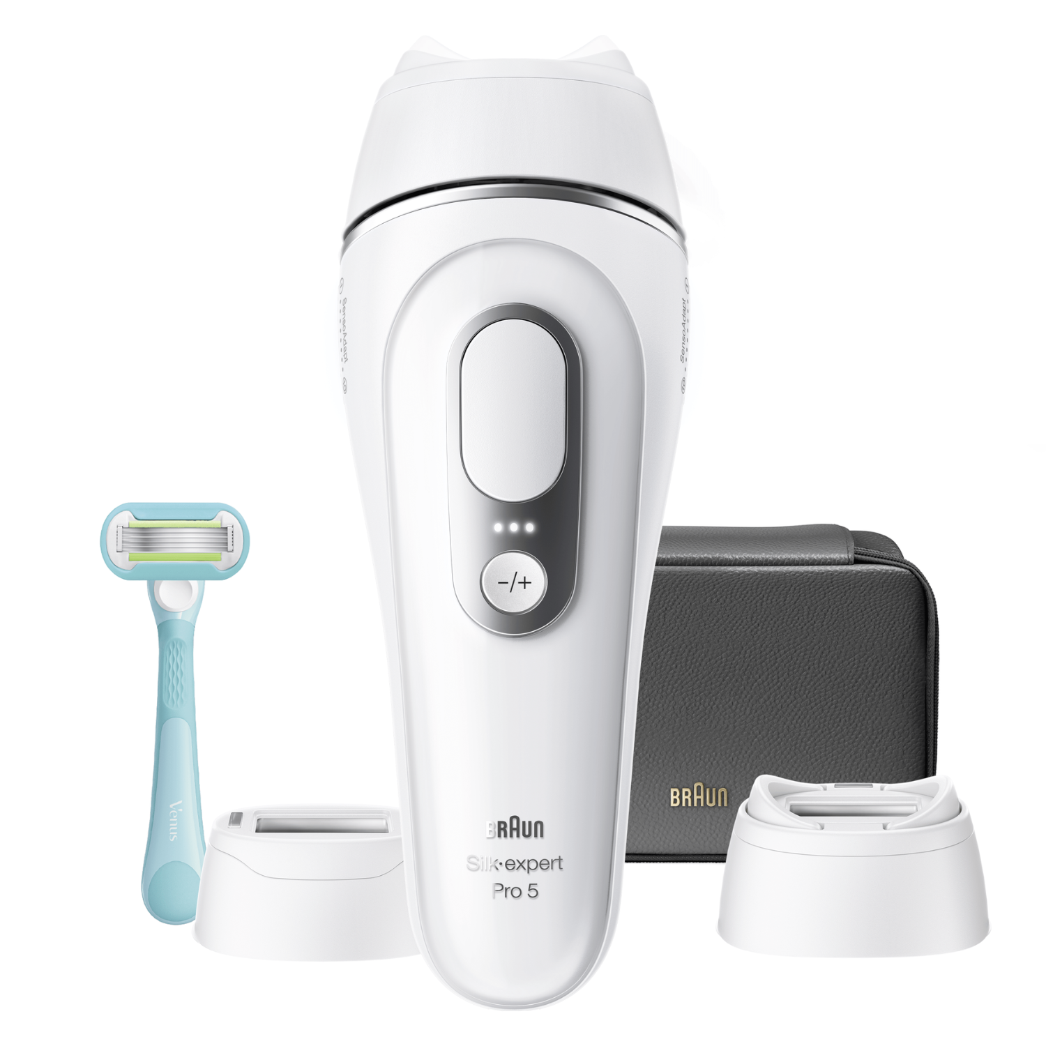 Dispositivo IPL Braun Silk-expert Pro 5, maquinilla Venus, neceser y dos soportes blancos.