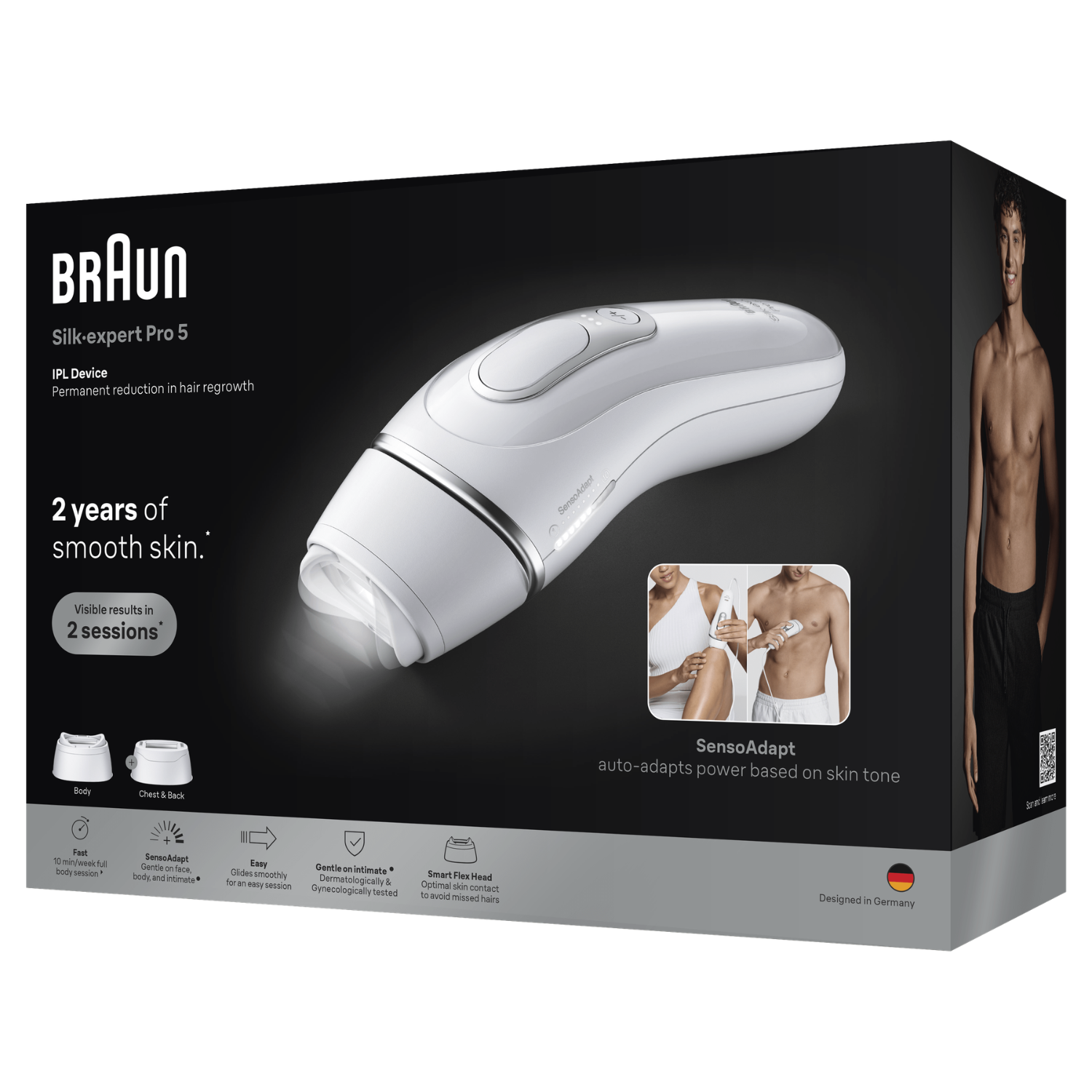 Dispositivo IPL Braun Silk-expert Pro 5 sobre fondo oscuro con hombre de perfil.