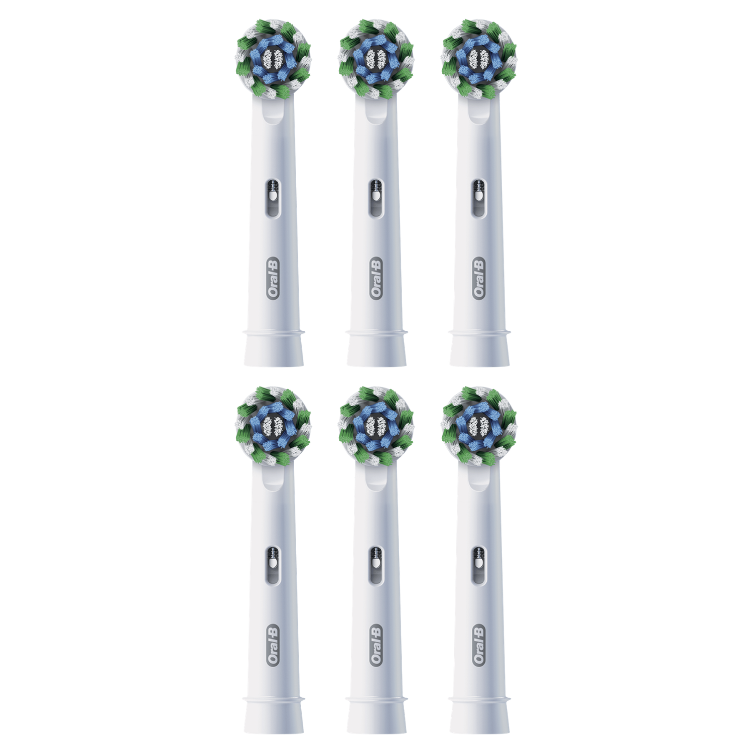 Seis cabezales blancos Oral-B con cerdas azules, verdes y blancas, uno al lado del otro.