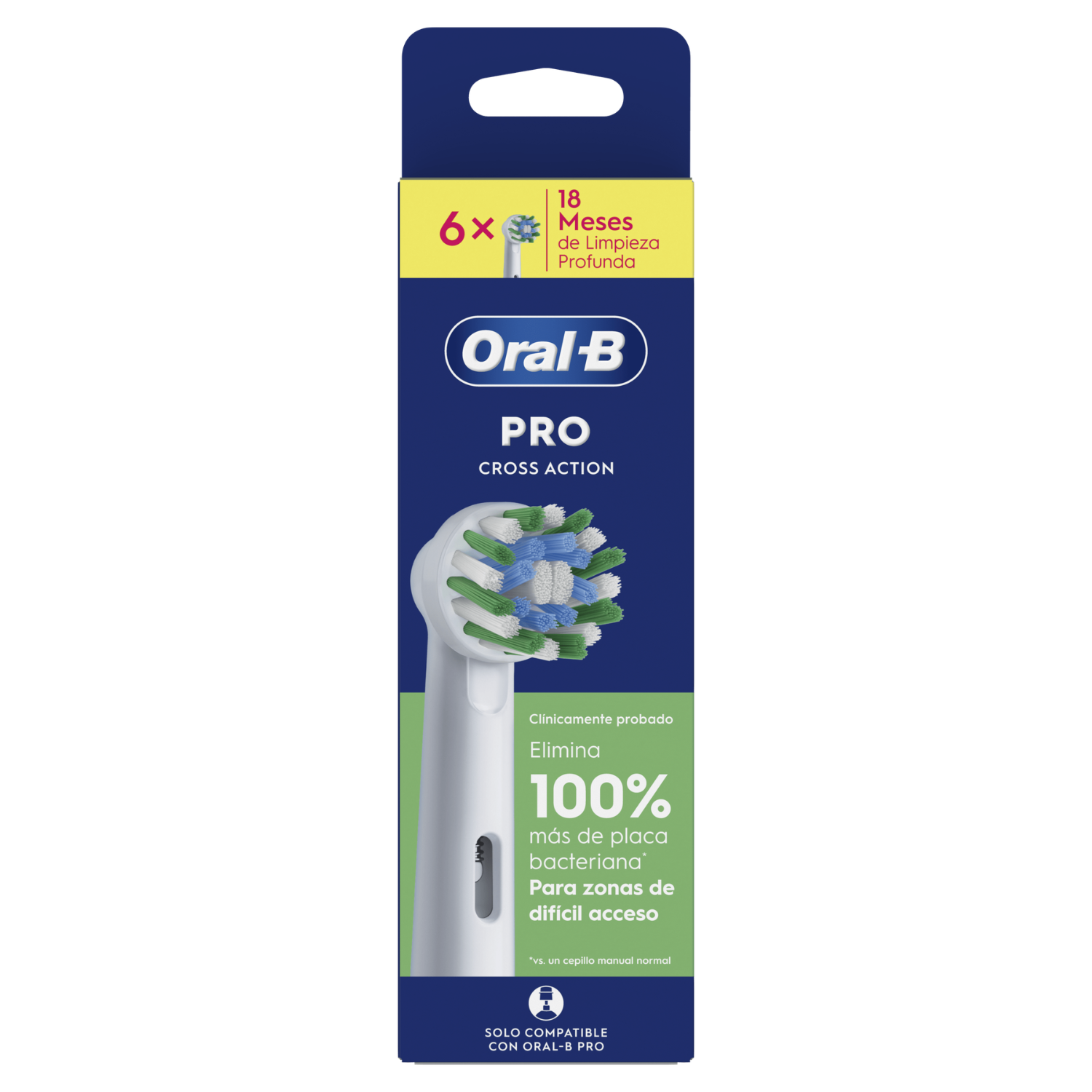 Embalaje de cabezal Oral-B Pro Cross Action con cerdas azules y verdes.